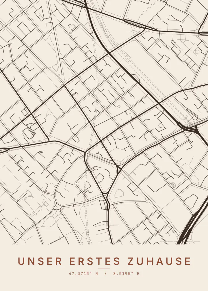 Kartenposter von Zürich mit dem Titel «Unser erstes Zuhause» im Stil Terrakotta