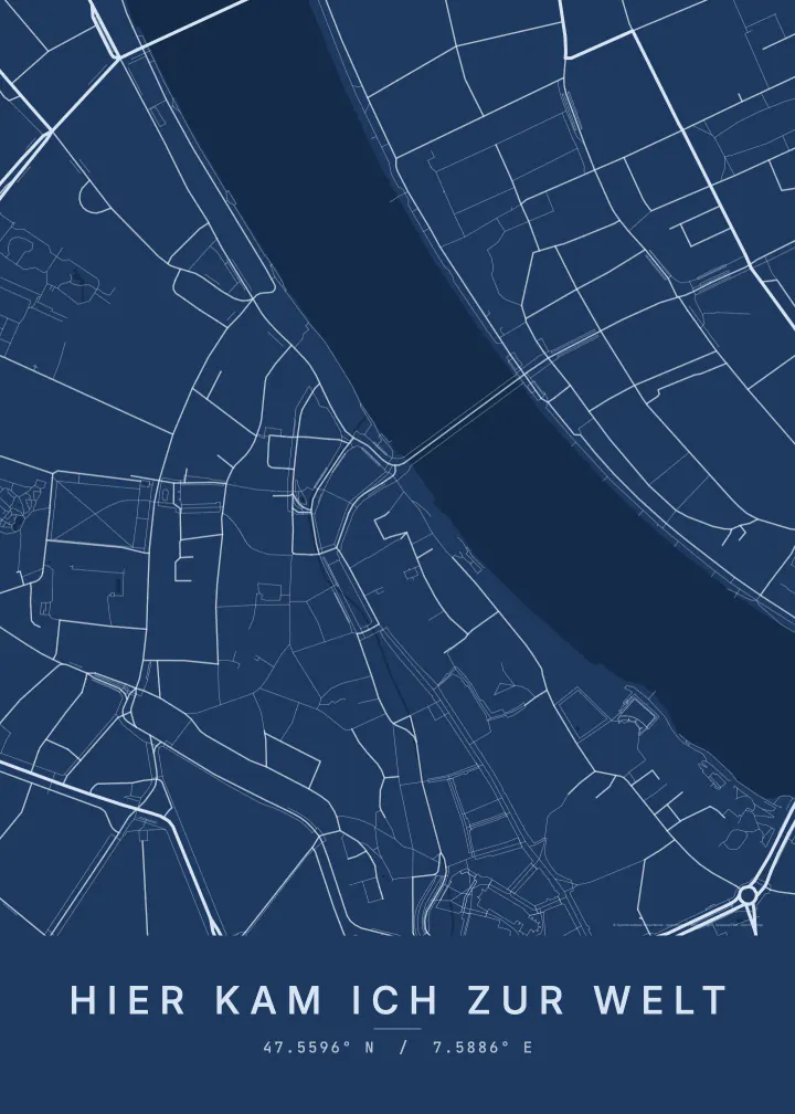 Kartenposter von Basel mit dem Titel «Hier kam ich zur Welt» im Stil Blueprint