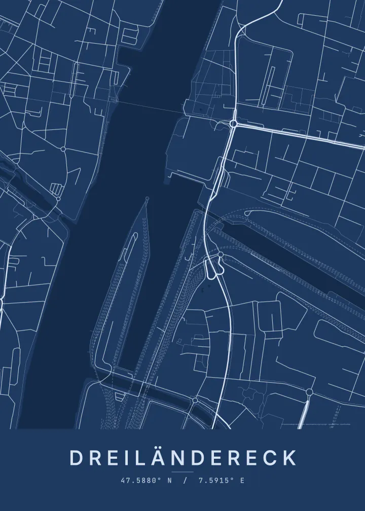 Kartenposter Dreiländereck, Basel, im Stil Blueprint