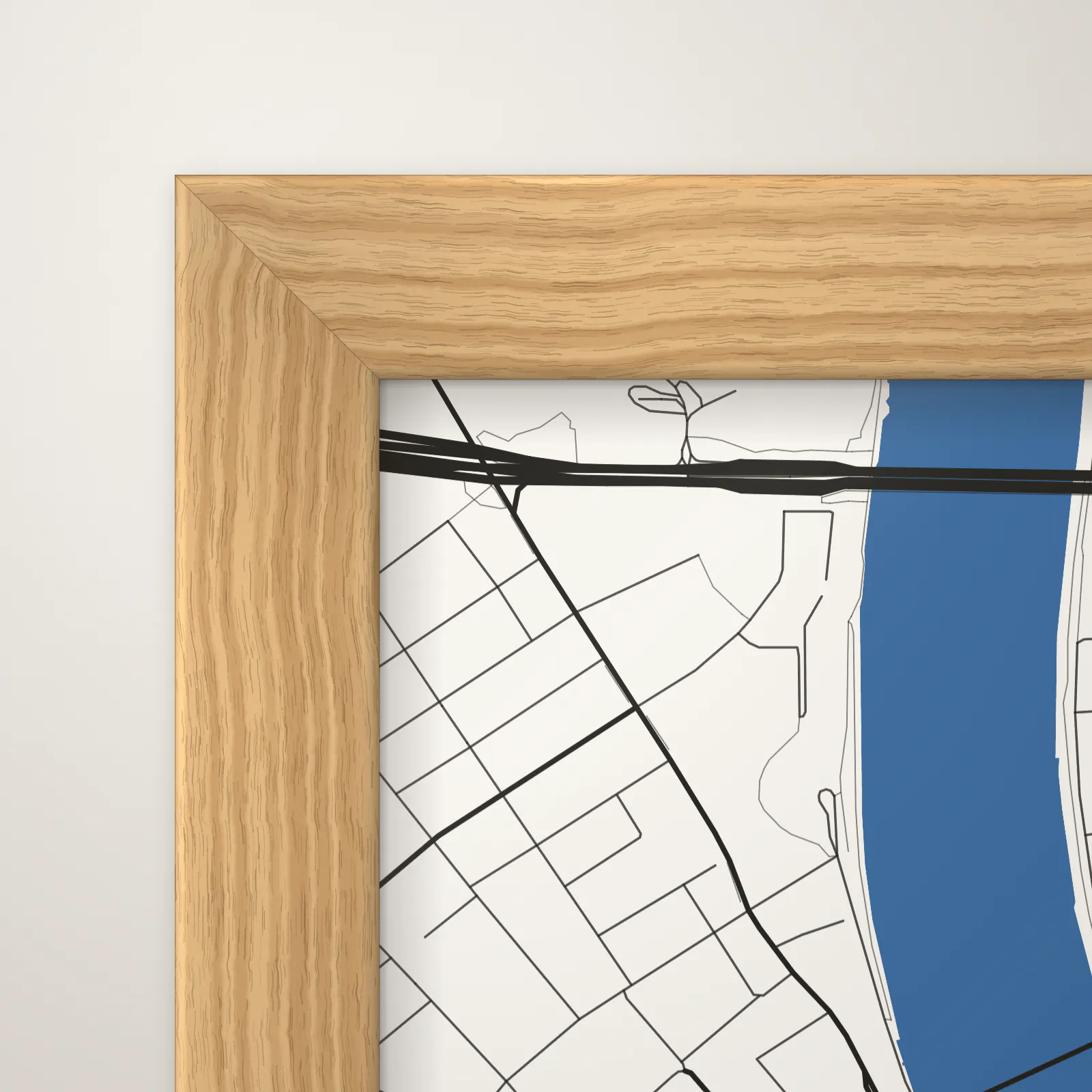 Nahaufnahme: Ecke eines Basel-Posters im Rahmen Eiche (Massive Eiche), mit Acrylglas