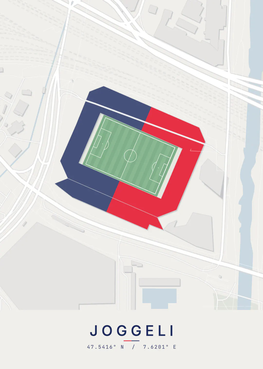 Stadion-Poster St. Jakob-Park im Stil Matchday: Spielfeld mit Linien, Tribünen in Rot-Blau, Titel „Joggeli“