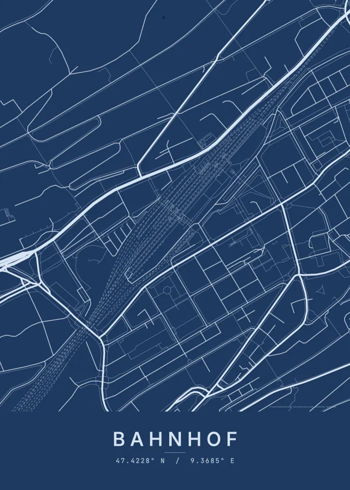 Kartenposter Bahnhof, St. Gallen, im Stil Blueprint
