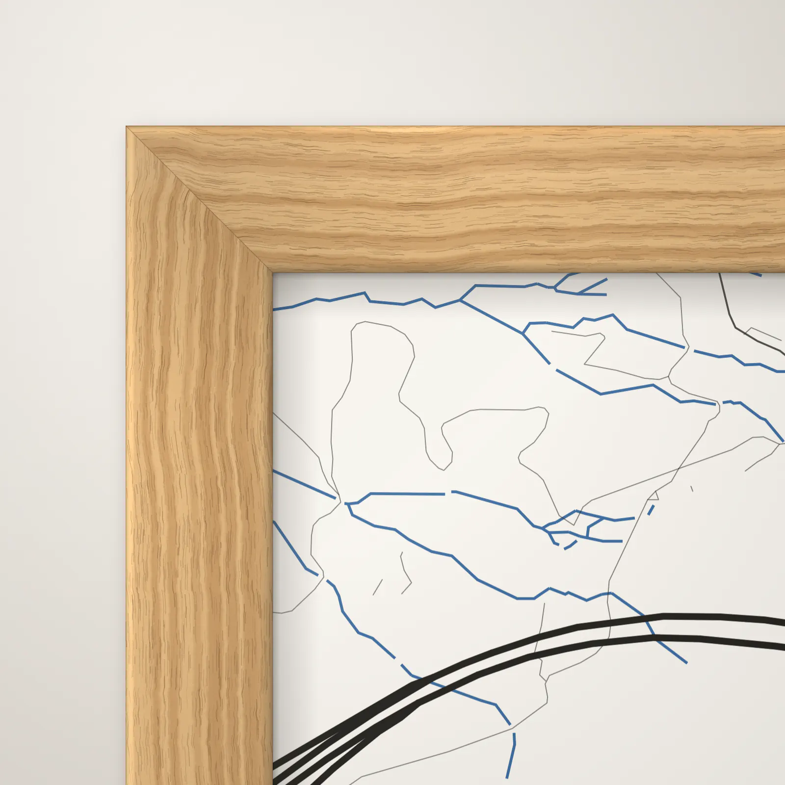 Nahaufnahme: Ecke eines St. Gallen-Posters im Rahmen Eiche (Massive Eiche), mit Acrylglas
